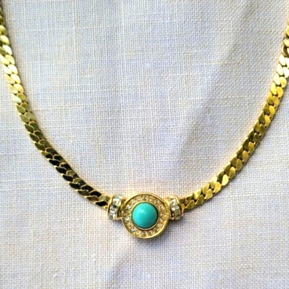 Vintage 80s CHRISTIAN DIOR Necklace Choker Turquoise Swarovski Crystal Gold Tone